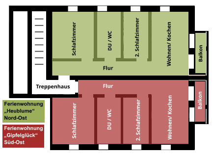 Wohnen/ Kochen  Wohnen/ Kochen  2. Schlafzimmer 2. Schlafzimmer Schlafzimmer Schlafzimmer DU / WC DU / WC Balkon Balkon Flur Flur Treppenhaus Ferienwohnung „Heublume“ Nord-Ost   Ferienwohnung „Gipfelglück“ Süd-Ost